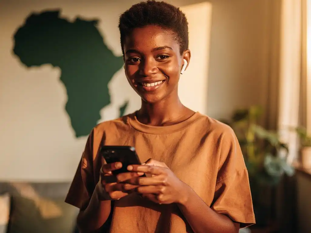 Young African woman smiling with wireless earbuds and smartphone, map of Africa on wall behind her in a warmly lit modern apartment.