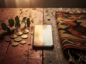 Smartphone mid-call on a wooden table bridging Australian eucalyptus branches and coins with a Ugandan craft textile in warm golden light.