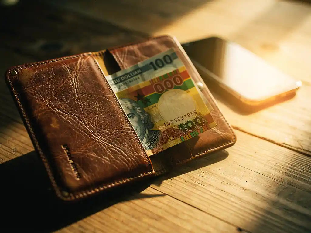 Worn leather wallet open on a sunlit wooden table with Australian dollar and Ghanaian cedi notes, smartphone nearby in warm golden light.