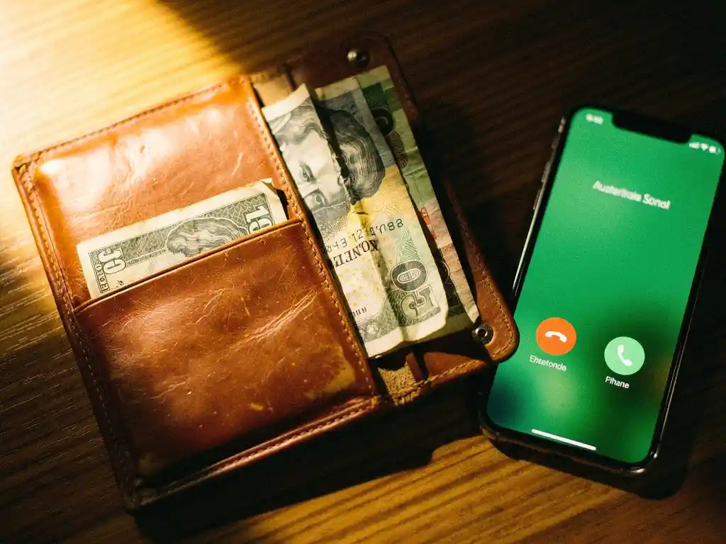 Worn leather wallet open on a sunlit wooden desk with an Australian dollar and Nigerian naira note beside a smartphone showing an international call screen.