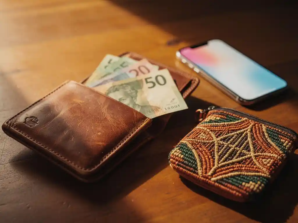 Open leather wallet with Australian banknotes on a wooden surface beside a handcrafted African woven pouch and glowing smartphone in warm afternoon light.