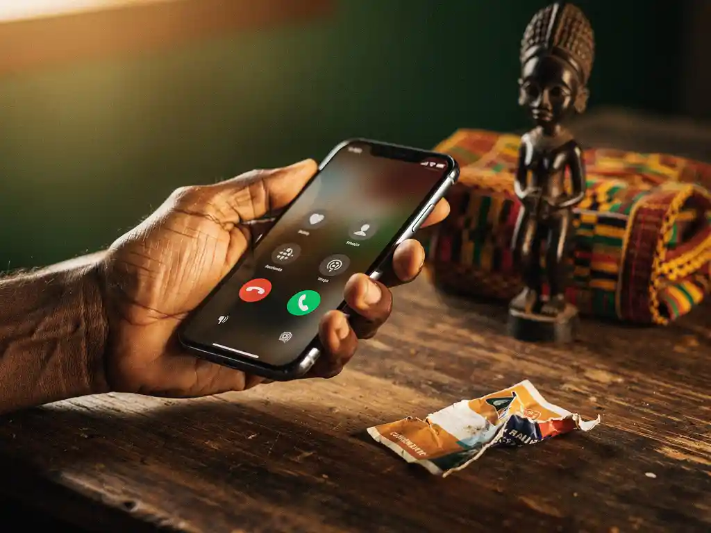 Weathered hand holding a smartphone on an active call beside a discarded calling card on a worn wooden table, kente cloth and African figurine softly blurred in warm amber light.
