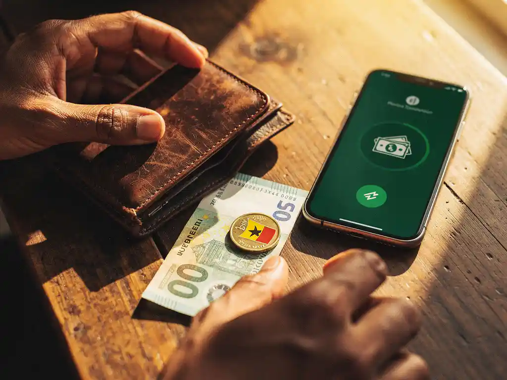 Worn leather wallet open on a sunlit wooden table beside a Dutch euro note, Ghanaian cedi coin, and smartphone showing a money transfer screen.