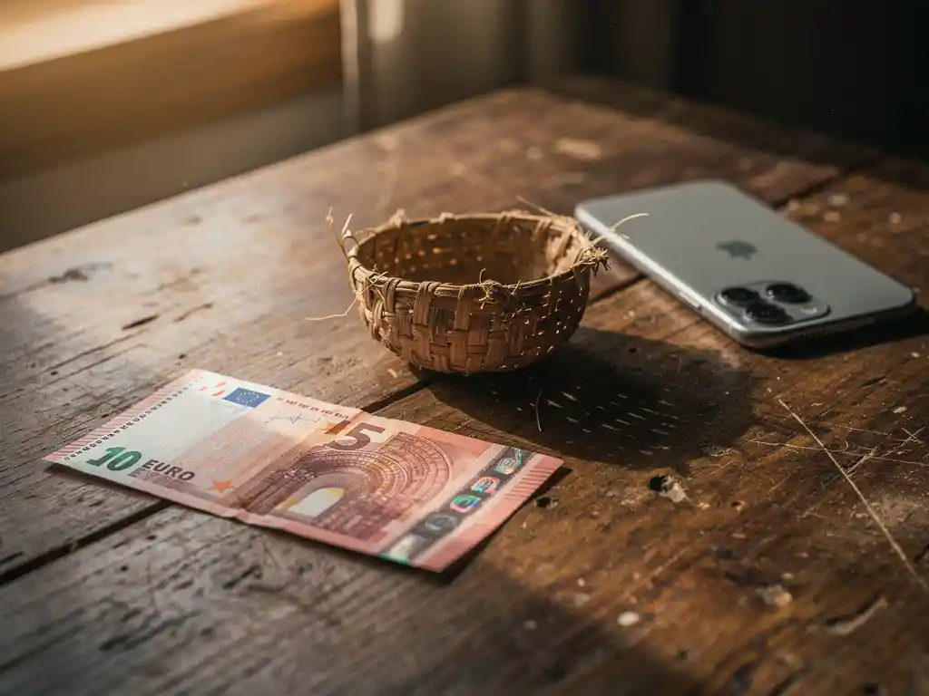 Dutch euro banknote and handwoven Sudanese basket on a weathered wooden table in warm afternoon sunlight.