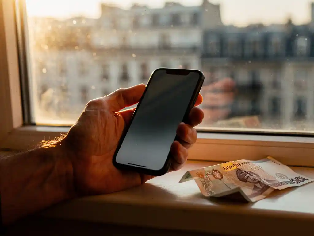 Weathered hand holding a smartphone on a European apartment windowsill, folded Egyptian pound note nearby, grey city skyline visible through glass.