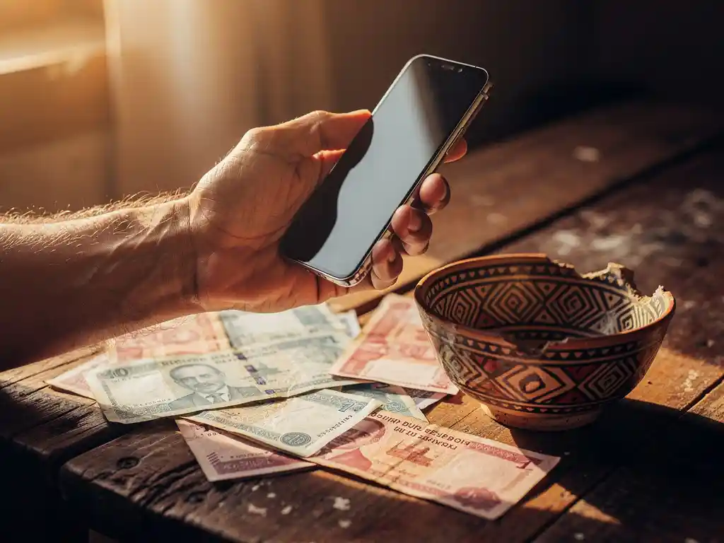 Weathered hand holding a smartphone over a wooden table with Egyptian pound banknotes and an ornate ceramic bowl in warm afternoon light.