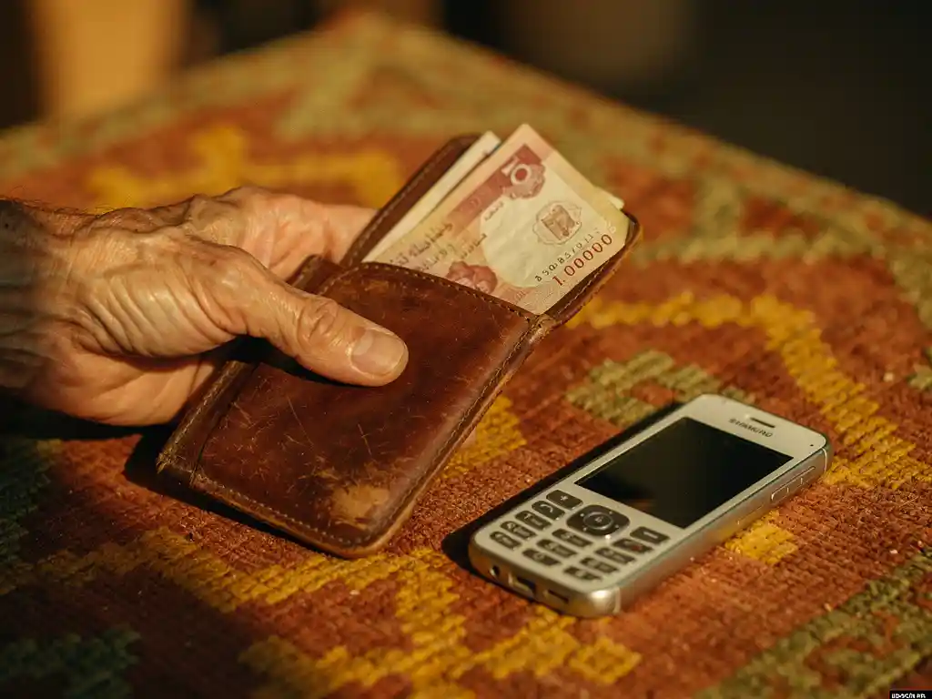 Weathered hand holding open a worn leather wallet with Egyptian pound notes, resting on a terracotta-patterned textile in warm afternoon light.