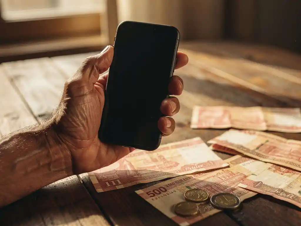 Weathered hand holding a smartphone over a wooden table scattered with Egyptian pounds and euro coins in warm afternoon light.