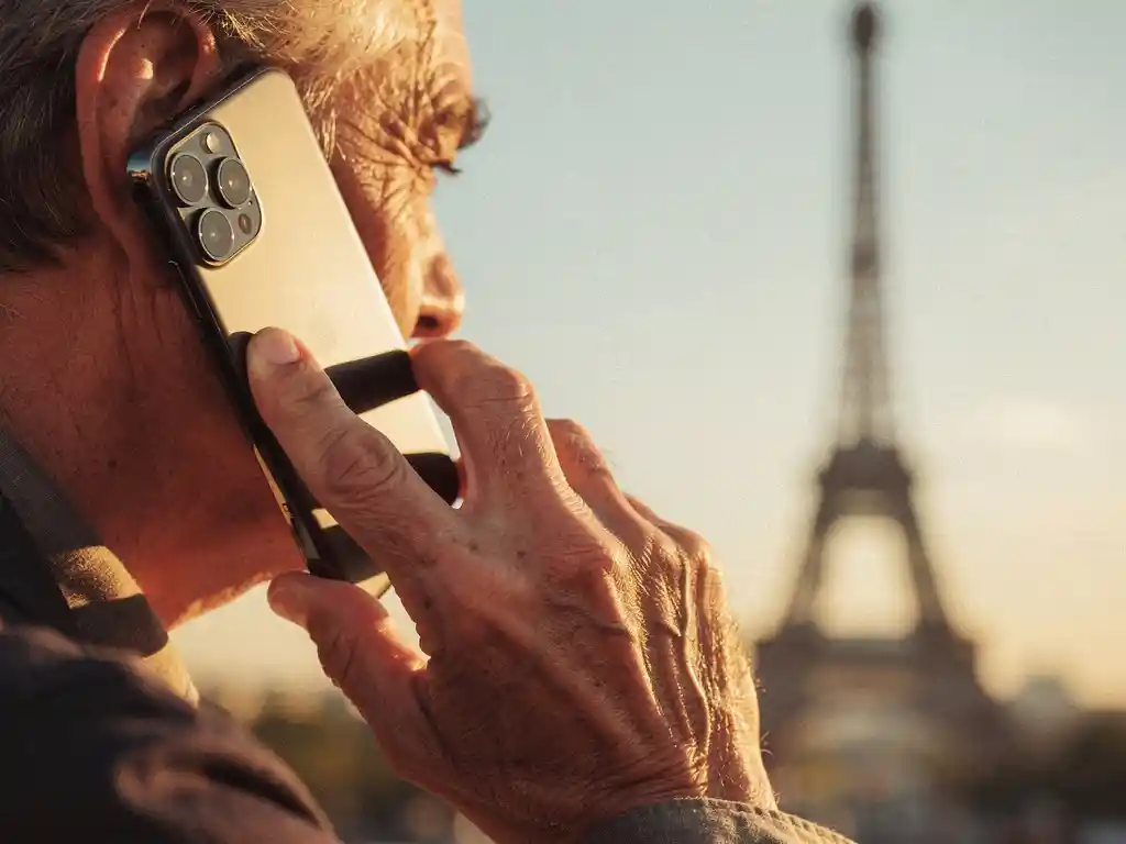 Weathered hand holding a smartphone to an ear with the Eiffel Tower softly blurred in warm golden afternoon light.