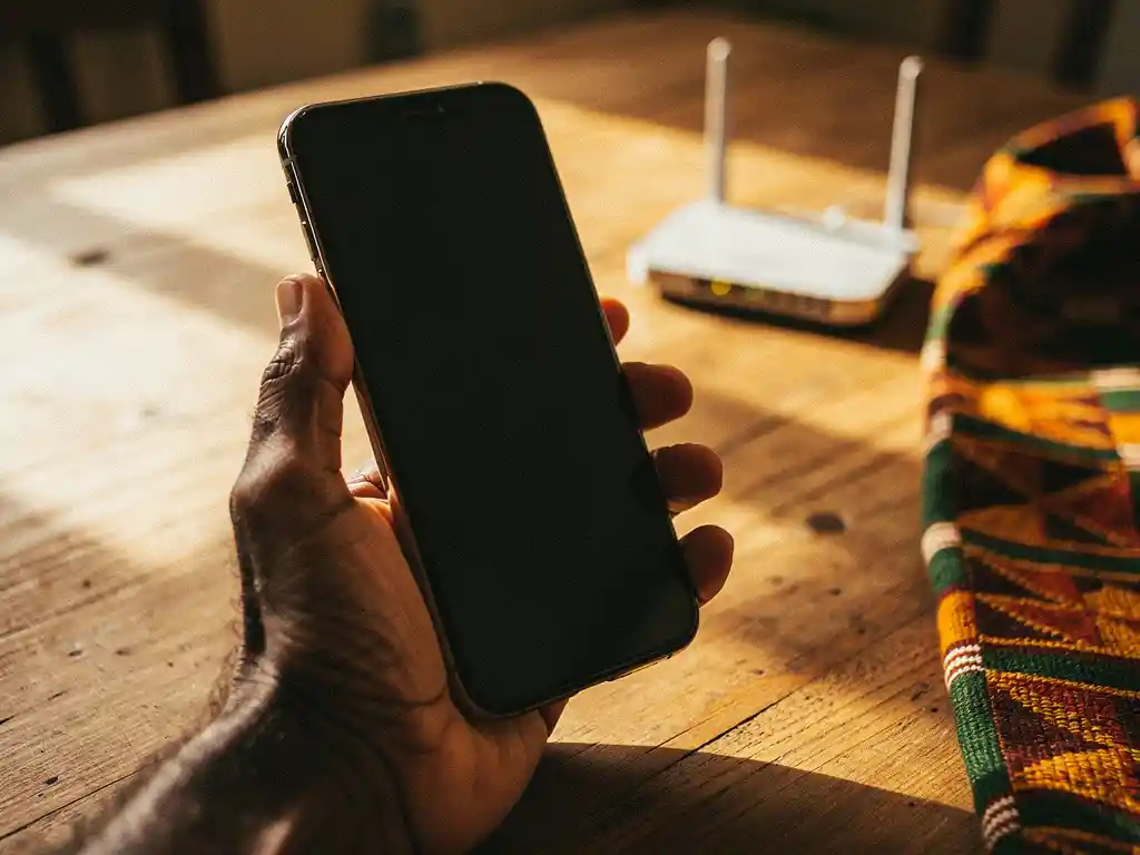 Weathered hand holding a smartphone over a sunlit wooden table, kente fabric nearby and a blurred Wi-Fi router in warm afternoon light.
