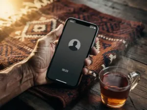 Weathered hand holding a smartphone on a live call, resting over an Eritrean woven textile beside spiced tea in warm amber lamplight.