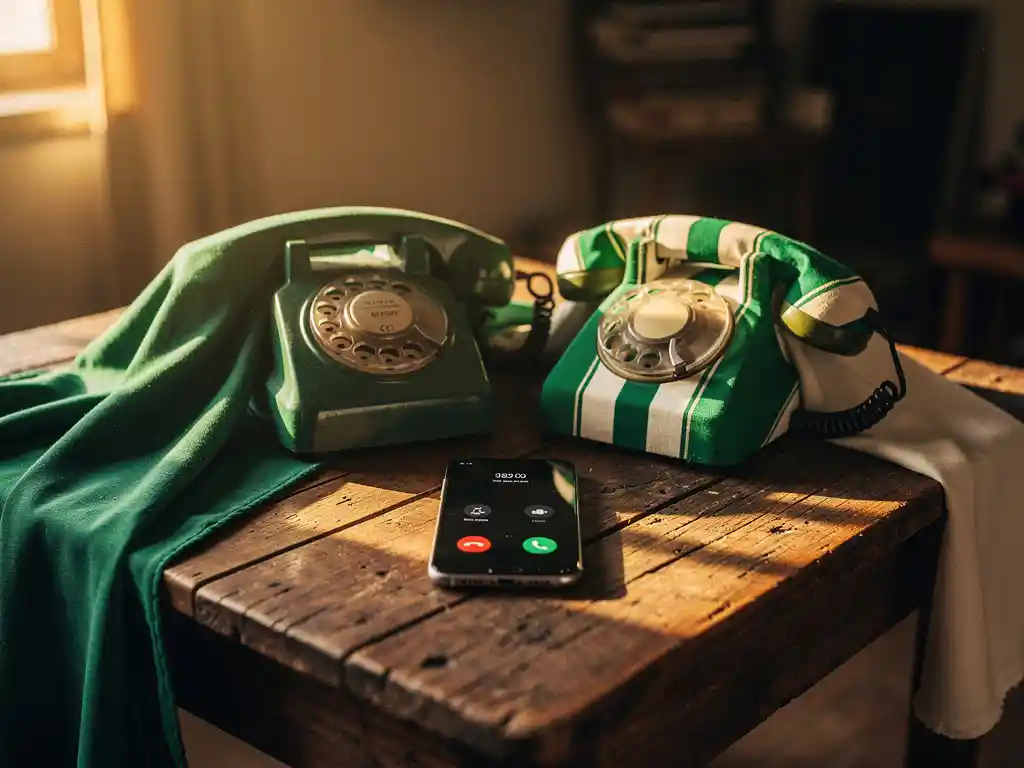 Two vintage rotary phones draped in Eritrean and Nigerian fabrics flank a modern smartphone showing an active call timer on a weathered wooden table.