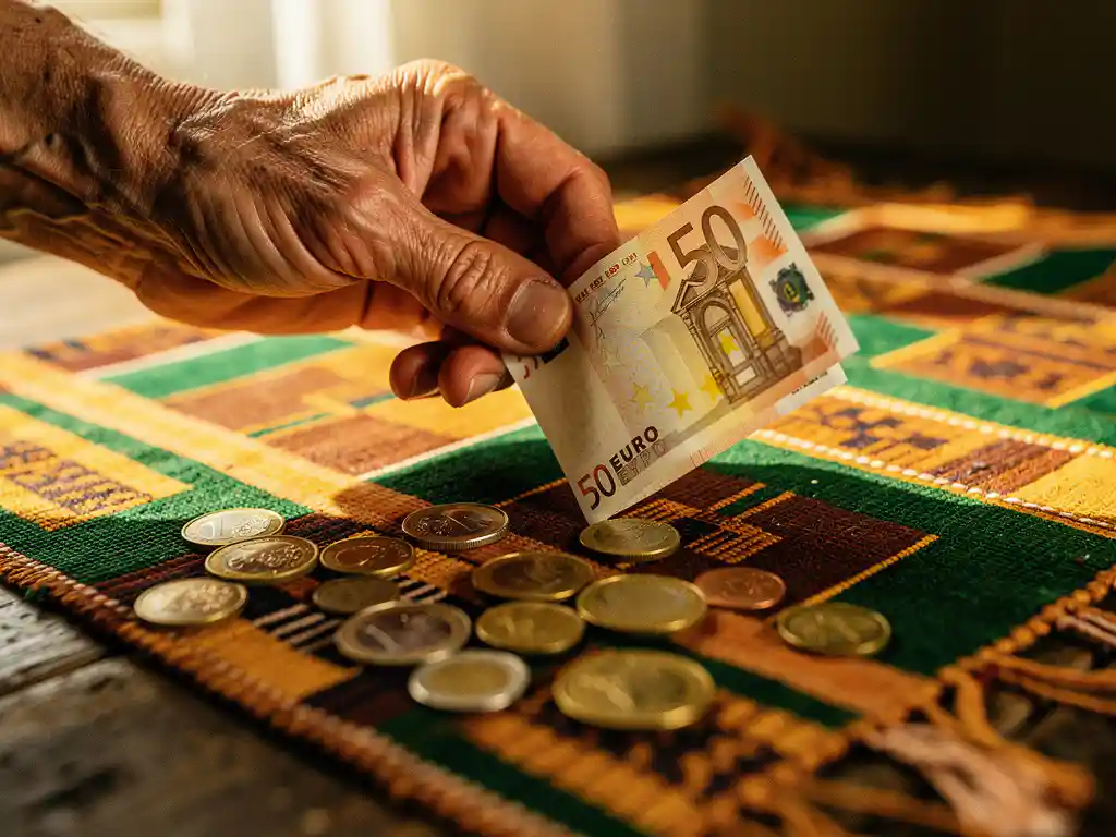 Weathered hand holding a euro banknote over colorful kente-patterned African fabric, scattered coins catching warm golden light.