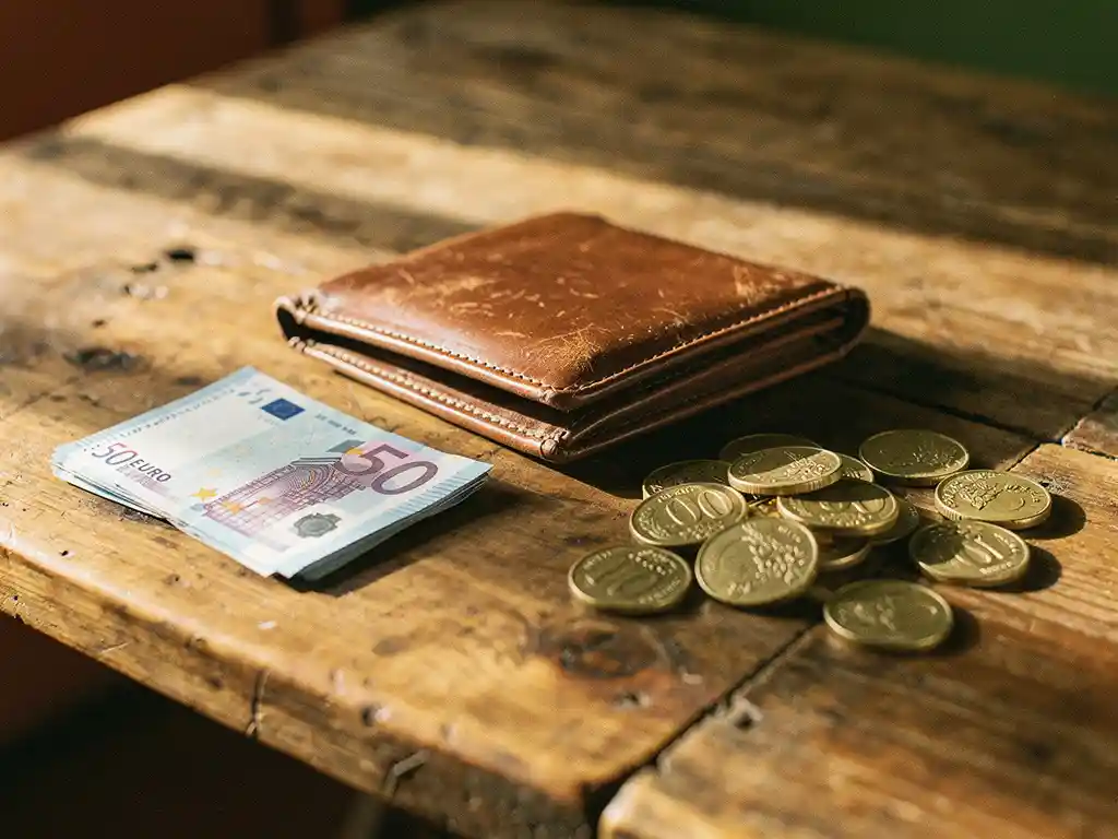 Worn leather wallet open on a wooden table beside euro banknotes and Eritrean nakfa coins in warm afternoon light.