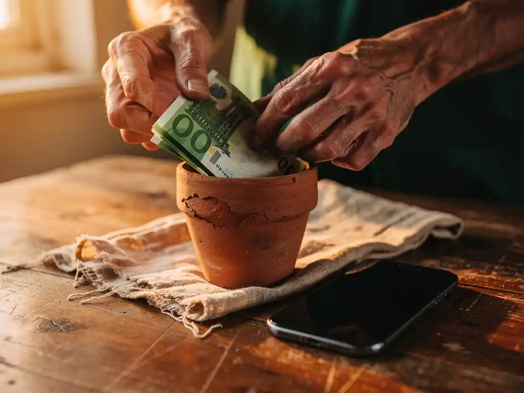 Weathered hands placing folded euro banknotes into a small clay pot beside a smartphone on a worn wooden table.