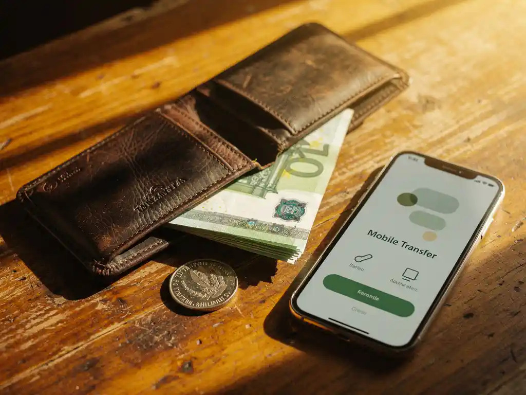 Weathered leather wallet open on a sunlit wooden table beside euro banknotes, a Tanzanian shilling coin, and a smartphone showing a mobile transfer confirmation.
