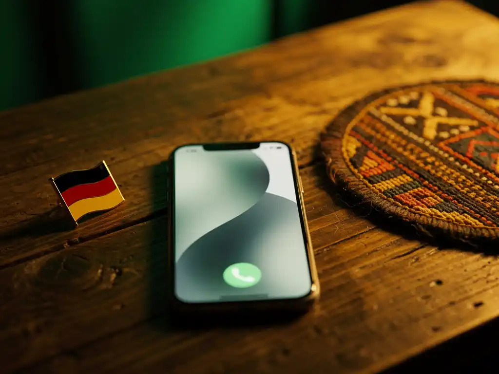 Smartphone mid-call on a weathered wooden desk beside a German flag pin and Tanzanian woven textile coaster in warm golden light.