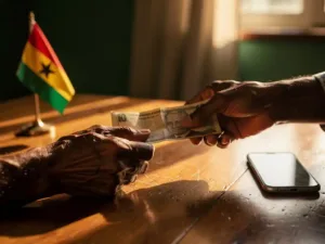 Weathered hands exchanging a folded banknote over a wooden table with a small Ghanaian flag and smartphone nearby.