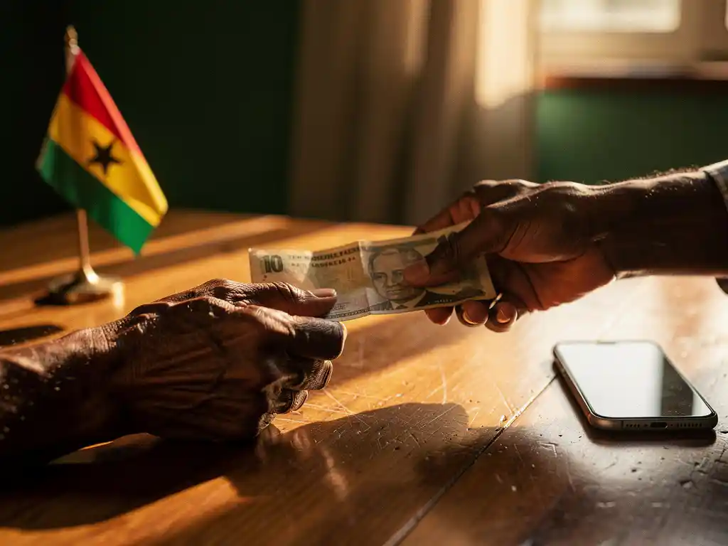 Weathered hands exchanging a folded banknote over a wooden table with a small Ghanaian flag and smartphone nearby.