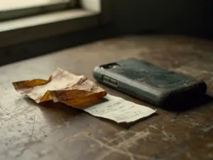 Crumpled Ghanaian cedi note and weathered mobile phone on worn wood table with a faded wire transfer receipt beneath.