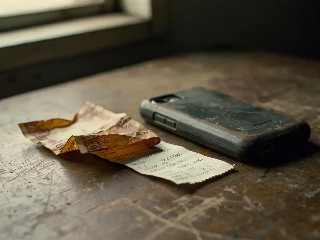 Crumpled Ghanaian cedi note and weathered mobile phone on worn wood table with a faded wire transfer receipt beneath.