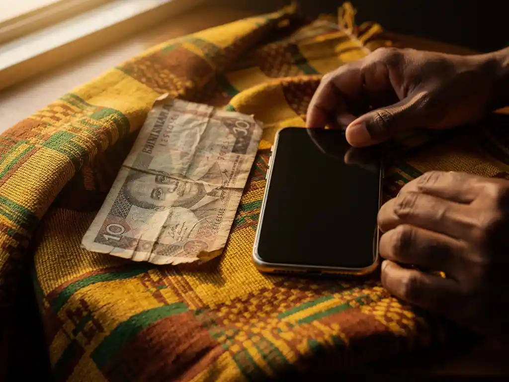 Weathered Ghanaian cedi note beside a smartphone on vibrant kente cloth, bathed in warm afternoon light.