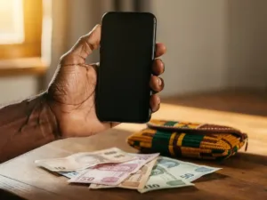 Weathered hand holding a smartphone over a wooden table with Ghanaian cedi banknotes and a kente cloth pouch in warm afternoon light.
