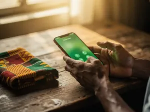 Hands cradling a smartphone with a glowing green call screen on a weathered desk beside folded Ghanaian kente cloth in warm afternoon light.