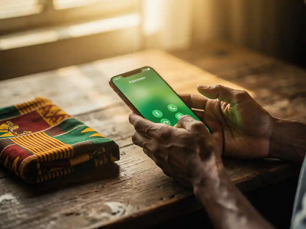 Hands cradling a smartphone with a glowing green call screen on a weathered desk beside folded Ghanaian kente cloth in warm afternoon light.
