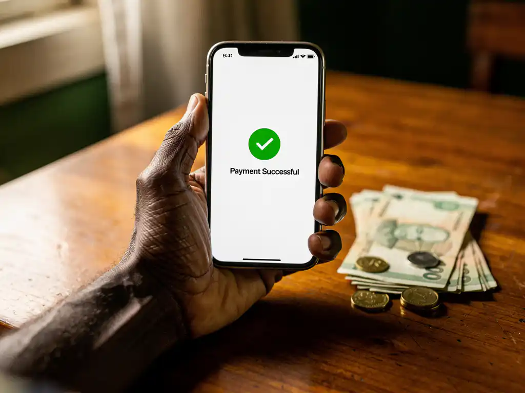 Weathered hand holding a smartphone with a mobile payment confirmation screen, Ghanaian cedis on a warm wooden surface nearby.