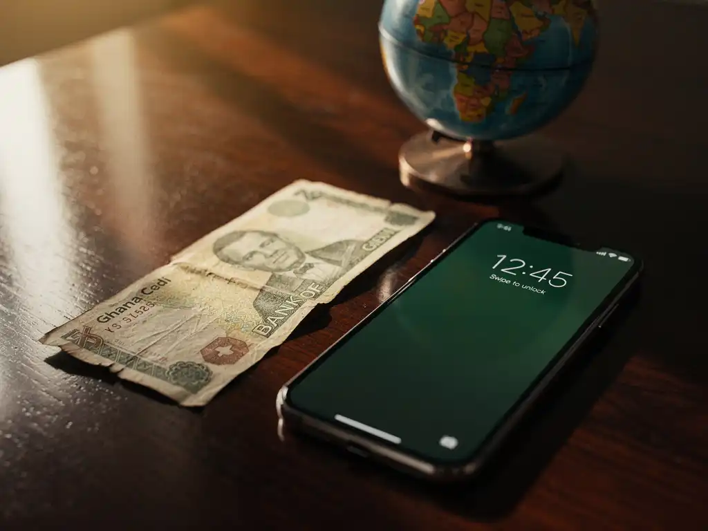 Worn Ghanaian cedi banknote beside a smartphone on dark wood, with a blurred globe in the background.
