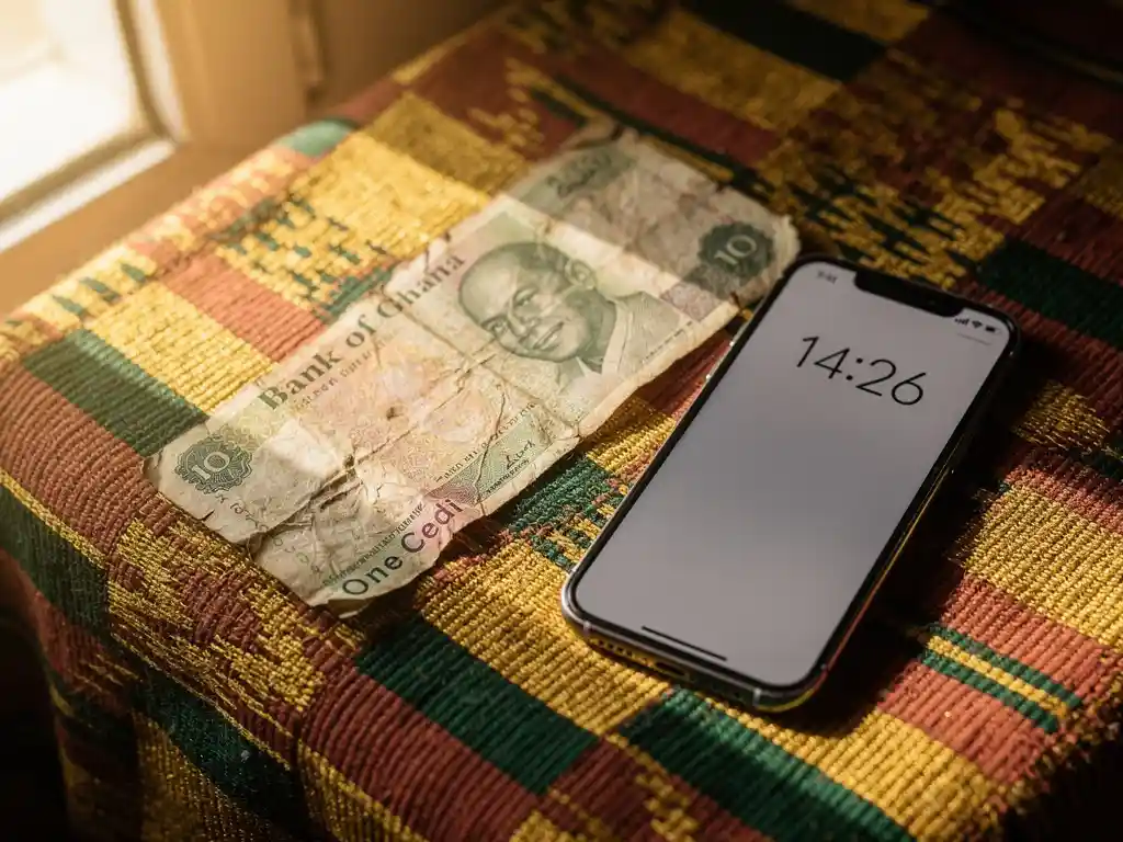Weathered Ghanaian cedi note and smartphone on colorful kente cloth bathed in warm afternoon sunlight.