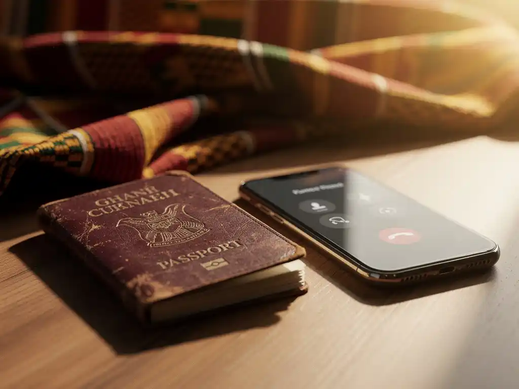 Weathered Ghanaian passport on wooden surface beside smartphone showing incoming international call, kente cloth softly blurred in warm golden light.