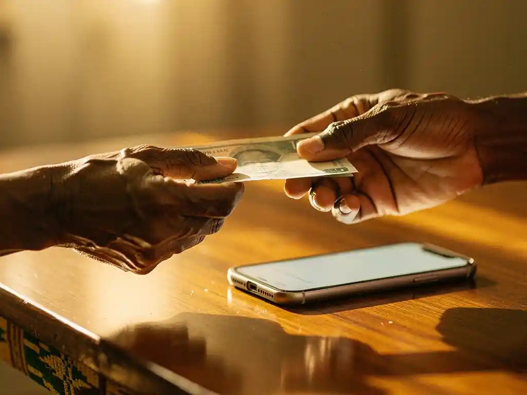 Weathered hands exchanging a banknote over wood, smartphone showing mobile transfer confirmation nearby, warm gold and green tones.