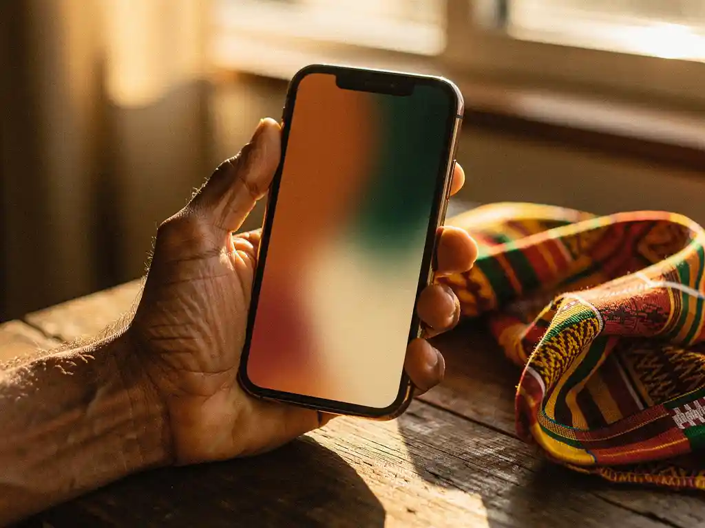 Weathered hand holding a glowing smartphone beside kente-patterned cloth on wood, bathed in warm afternoon light.
