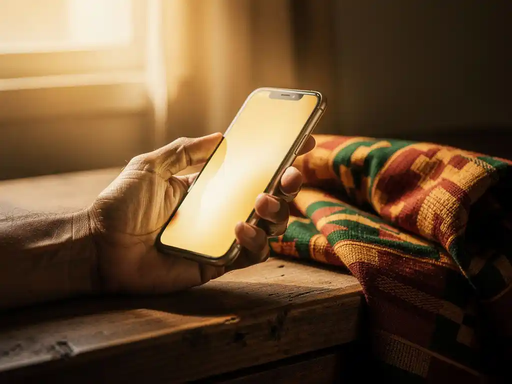 Weathered hand holding a glowing smartphone beside vibrant Kente cloth on wood, bathed in warm golden afternoon light.