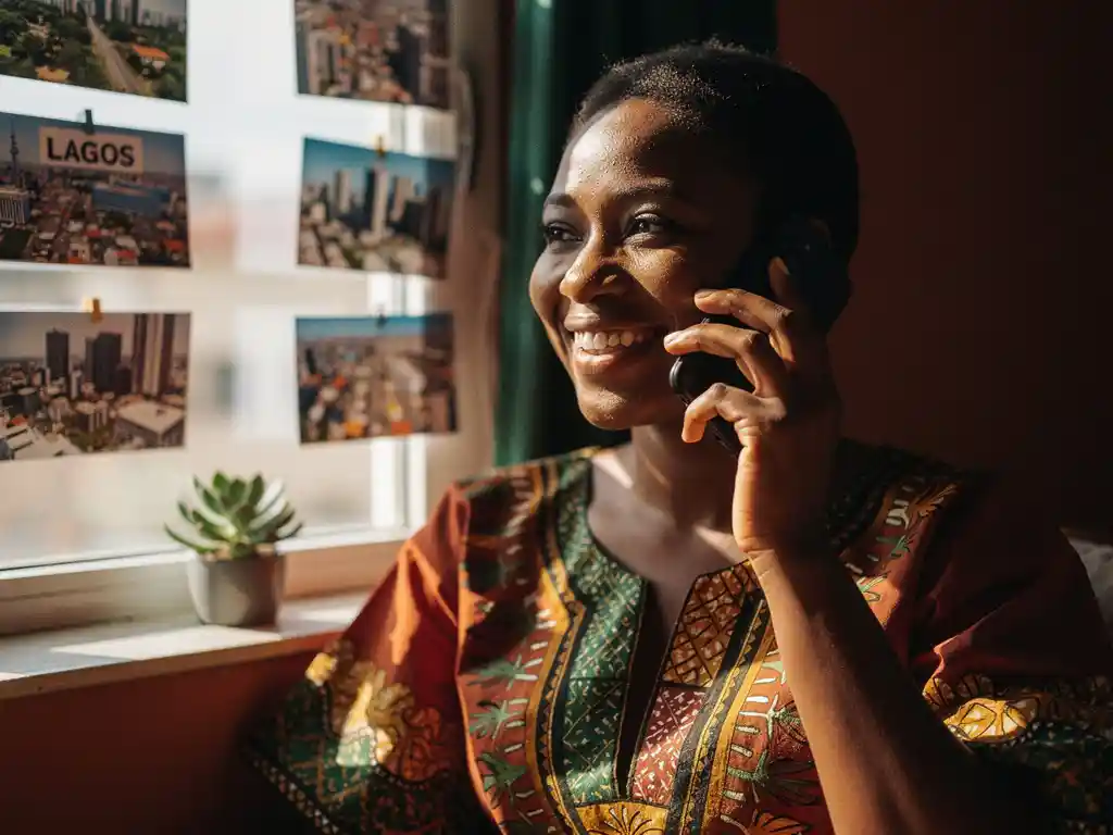Woman in colorful African fabric smiling while on a phone call, seated by a sunlit window with Lagos cityscape photos and a small succulent.