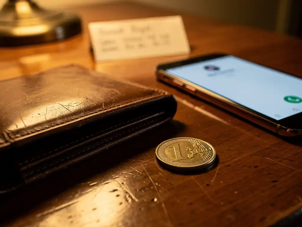 Open leather wallet and Belgian euro coin beside a smartphone mid-call on a wooden table, warm amber evening lighting.