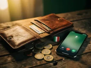 Worn leather wallet open on a wooden table with euro coins, a smartphone mid-call, and a small Nigerian flag pin nearby.