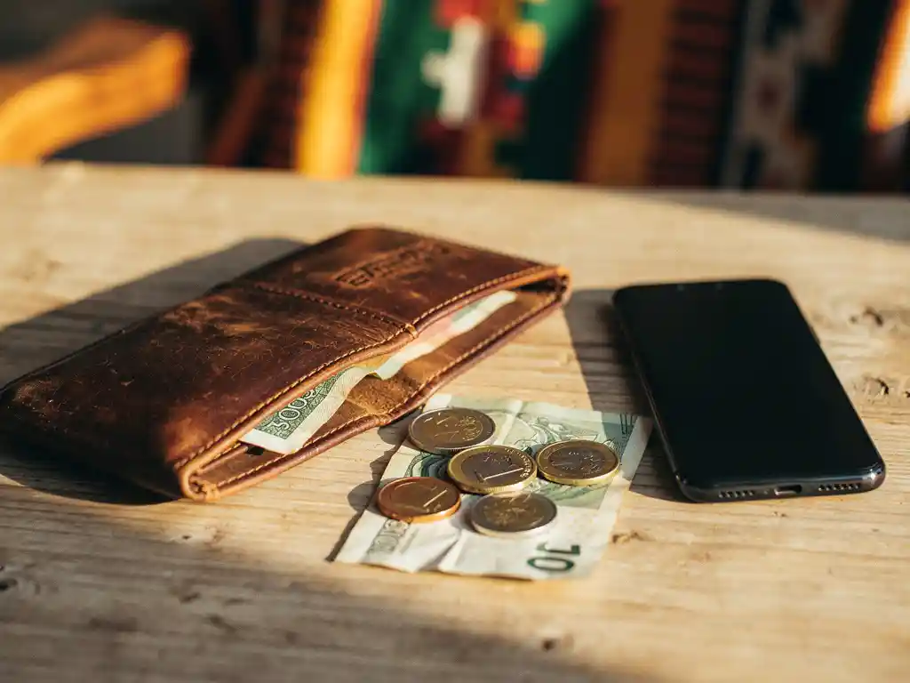 Worn leather wallet open on a sunlit wooden table with euro coins, a folded banknote, and a smartphone beside kente fabric.