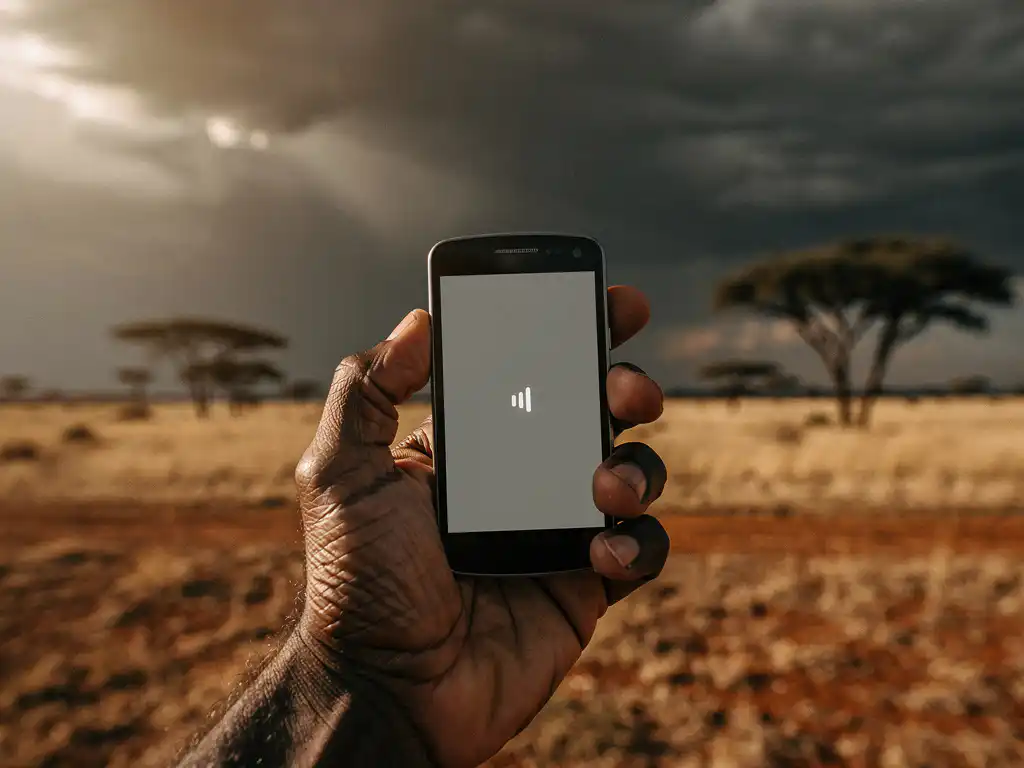 Weathered hand holding a basic mobile phone with one signal bar over an African savanna under stormy skies with acacia trees on the horizon.