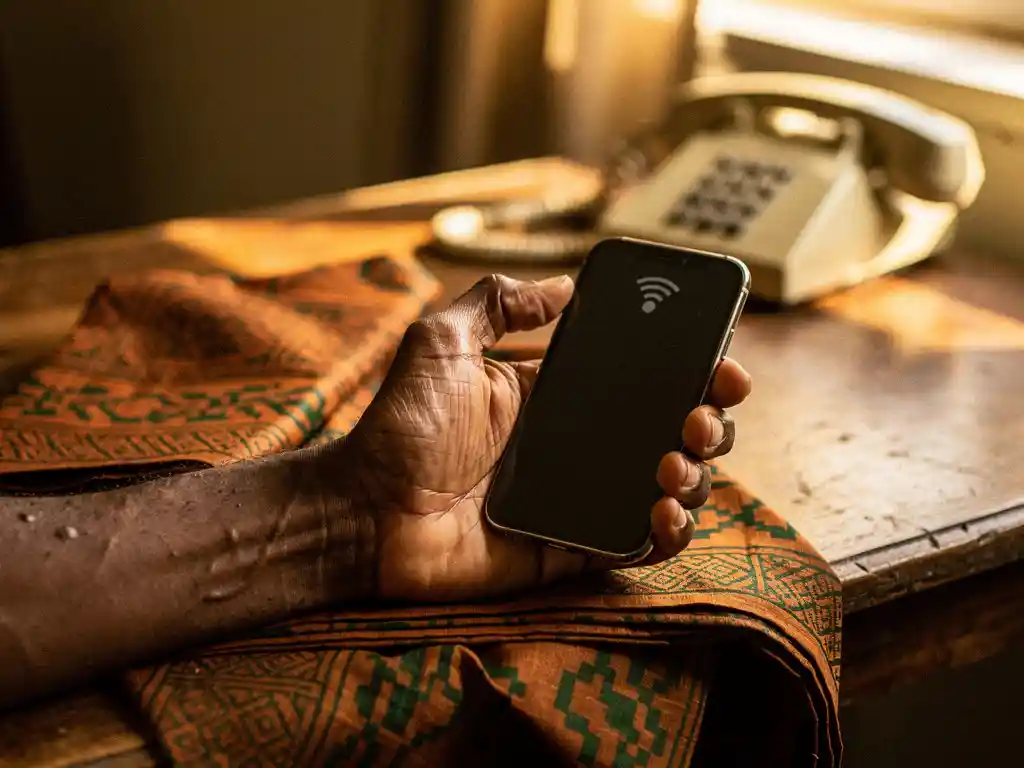 Weathered hand holding a smartphone with no signal bars, traditional Nigerian fabric on wooden table, landline phone blurred in background.