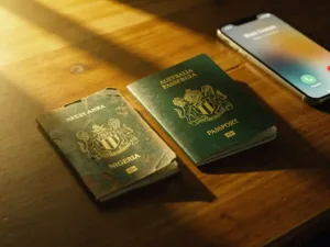 Nigerian and Australian passports beside a smartphone on a wooden desk, warm golden light suggesting long-distance international connection.