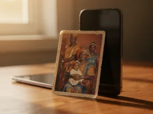 Weathered Nigerian family photograph leaning against a smartphone on a sunlit wooden desk, bathed in warm golden light.