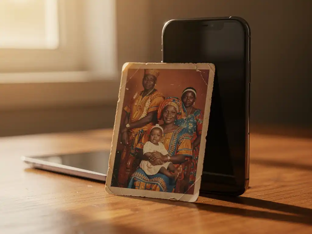 Weathered Nigerian family photograph leaning against a smartphone on a sunlit wooden desk, bathed in warm golden light.