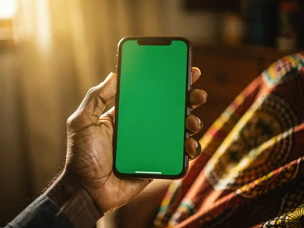 Weathered hand holding a smartphone with a glowing green call screen, warm golden light and Nigerian fabric in the background.