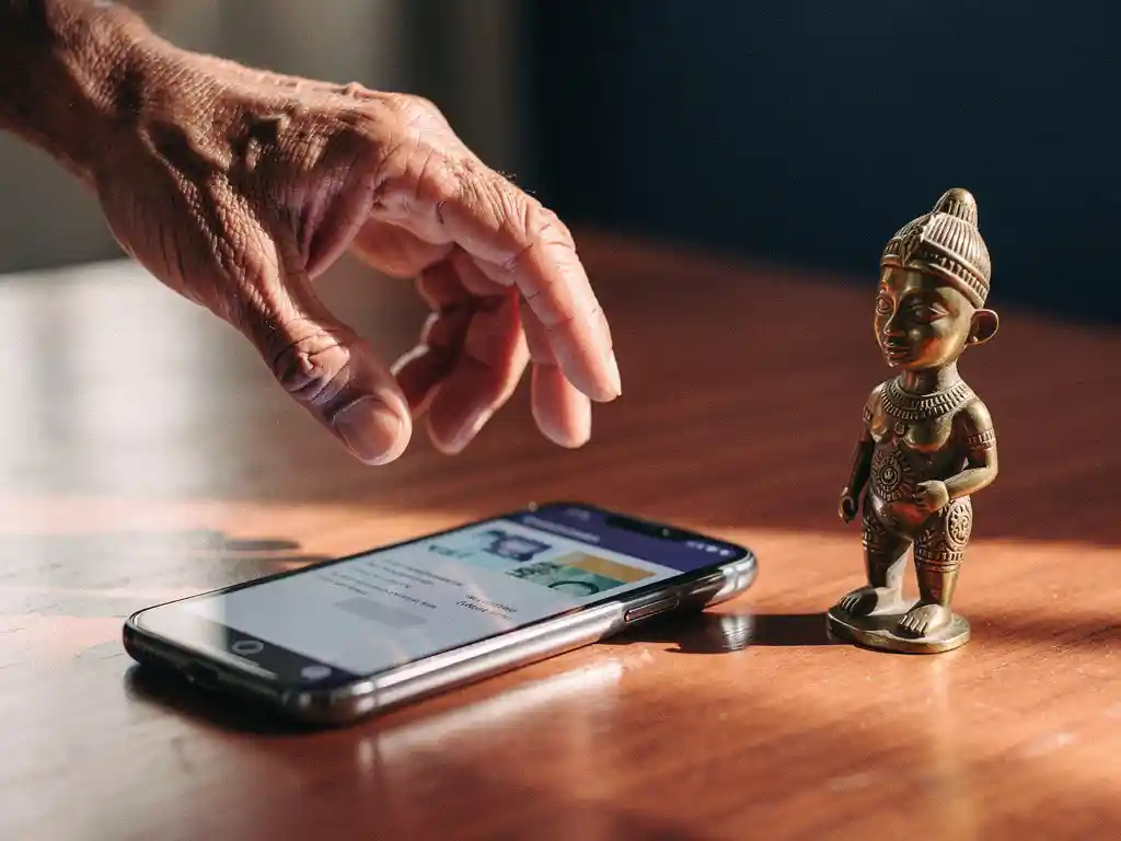 Weathered hand hovering over a smartphone showing an international money transfer screen beside a traditional Nigerian brass figurine on warm wood.