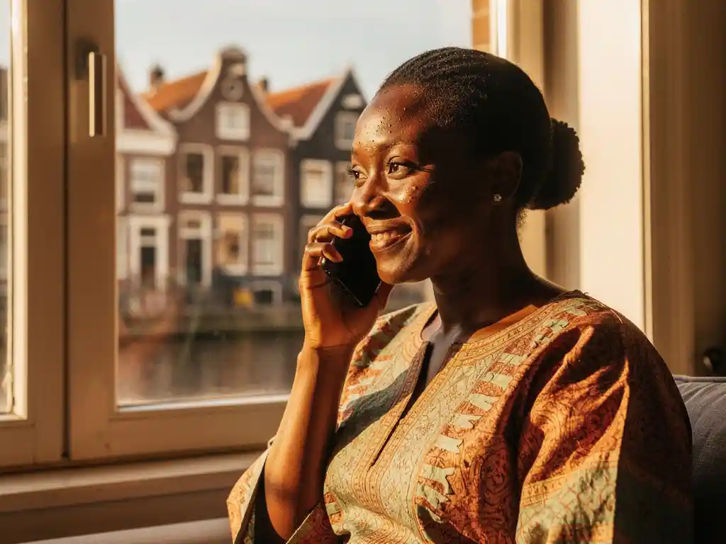 Nigerian woman in traditional attire on a phone call at a sunlit Amsterdam apartment window, Dutch canal rooftops visible behind her.
