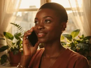 Nigerian woman making a phone call in a sunlit apartment, warm afternoon light filtering through sheer curtains and green houseplants.