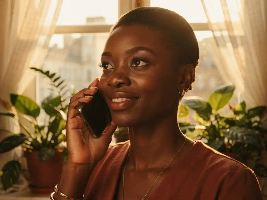 Nigerian woman making a phone call in a sunlit apartment, warm afternoon light filtering through sheer curtains and green houseplants.